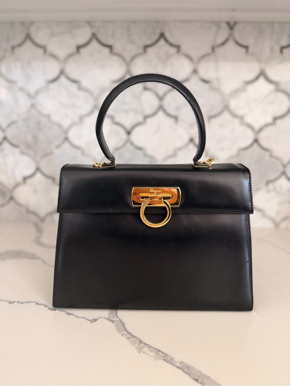 Salvatore Ferragamo Black Leather Top-Handle Satchel with Gold Hardware